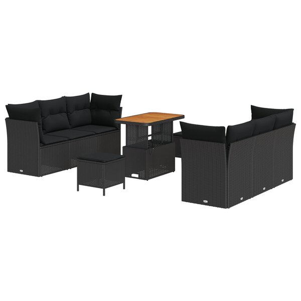 Ensemble de canapé de jardin 9 pièces avec coussins noir poly rotin acacia