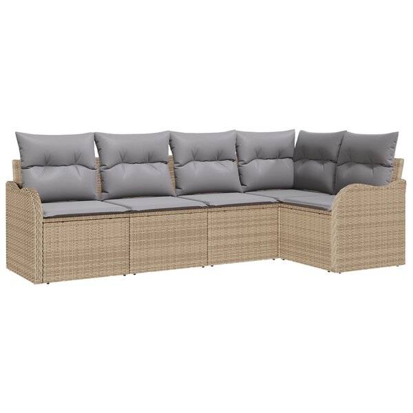 Canapé de jardin 5 pièces avec coussins beige poly rotin