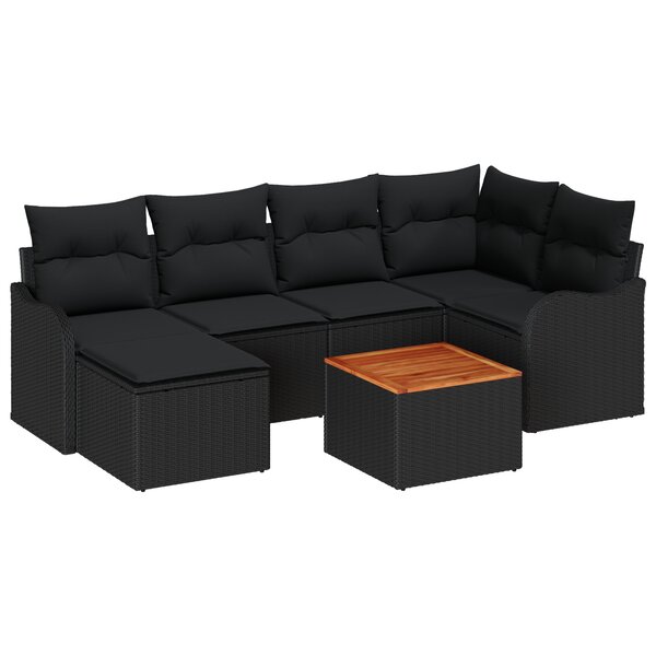 Salon de jardin 7 pièces avec coussins en rattan noir et acacia