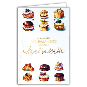 69-3116 Carte Anniversaire pour Gourmand Homme Femme Pâtissier Pâtissière Gâteaux Croissant Aquarelle - Finitions Dorure Or Doré + Gaufrage en Relief +1 Enveloppe Format 12x17cm - Fabriqué en Europe