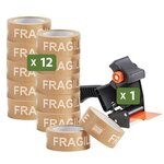 Pack and Move - Lot 12 rouleaux ruban adhésif kraft "Fragile" pour emballage et déménagement - 50 m - 1 dévidoir offert - Qualité Premium