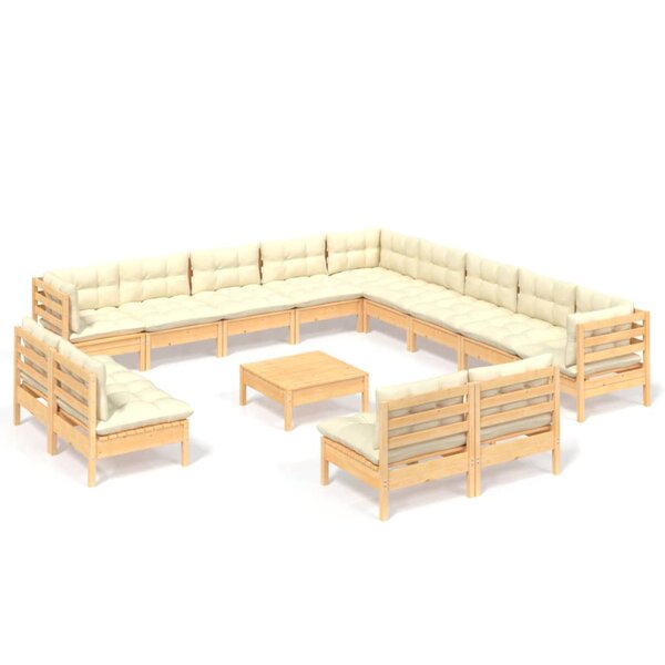 Salon de jardin meuble d'extérieur ensemble de mobilier 14 pièces avec coussins crème bois de pin solide 02_0015834