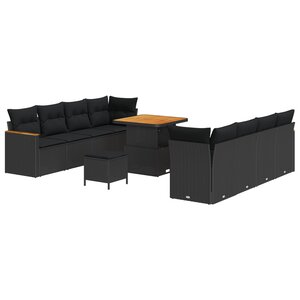 Ensemble de canapé de jardin 11 pièces avec coussins noir en poly rotin acacia