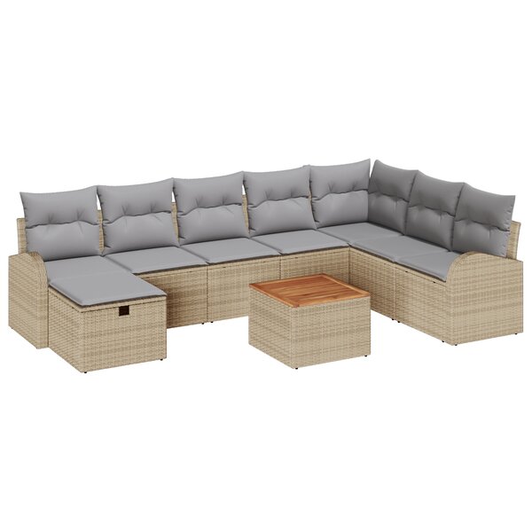 vidaXL Ensemble de Canapé de Jardin 9 Pièces avec Coussins Beige Poly Rattan