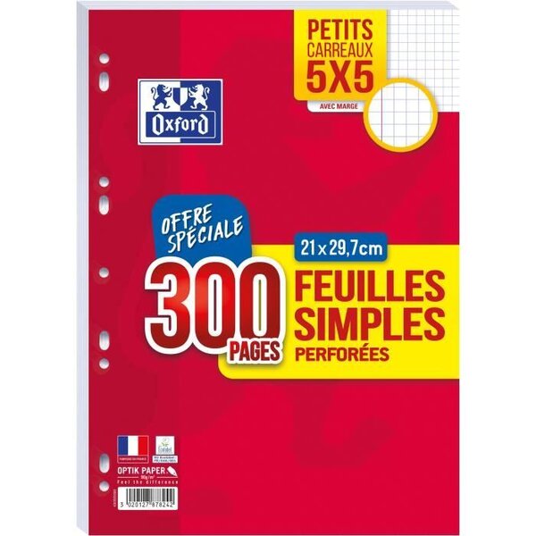 OXFORD - Feuilles simples perforées 300 pages 5x5 avec marge - 90g