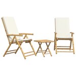 vidaXL Ensemble de bistro pliante 3 Pièces et coussins blanc crème bambou