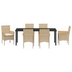Ensemble de salle à manger de jardin 7 pièces avec coussins en poly rotin beige