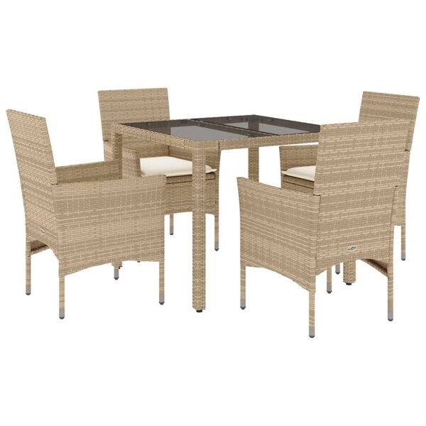 vidaXL Ensemble à manger de jardin et coussins 5 Pièces beige rotin verre