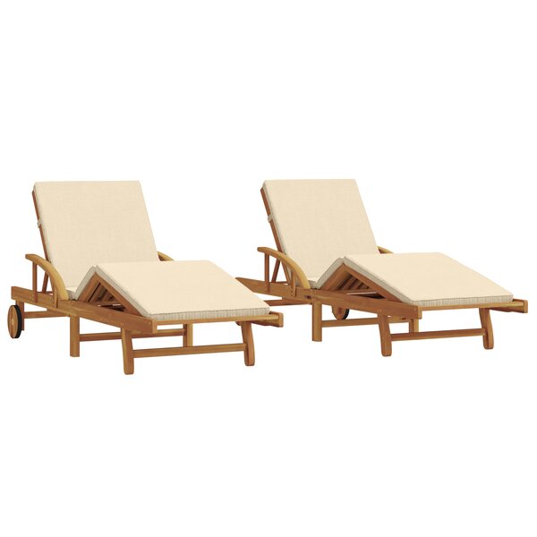 vidaXL Chaises Longues 2 Pièces avec coussins et roues Beige Bois massif d'acacia