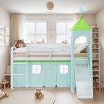 Lit mezzanine 90x200cm avec toboggan  tour et rideau pin vert