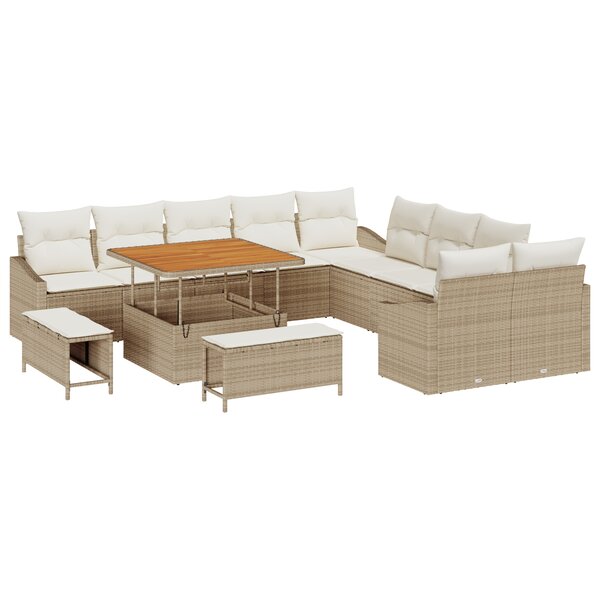 Ensemble de Canapés de Jardin 13 Pièces avec Coussins Beige Poly Rattan Acacia