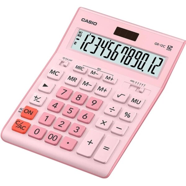 Calculatrice de bureau à 12 chiffres Casio GR-12C - Écran extra-large - Symboles de commande de fonction - Alimentation solaire et à piles - Rose