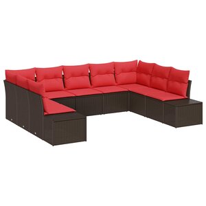 vidaXL Ensemble de canapé de jardin avec coussin 9 Pièces Marron et rouge