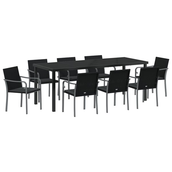 Ensemble de salle à manger de jardin 9 pièces avec des coussins en poly rattan noir