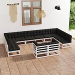 vidaXL Salon de jardin 12 Pièces avec coussins Blanc Bois de pin massif