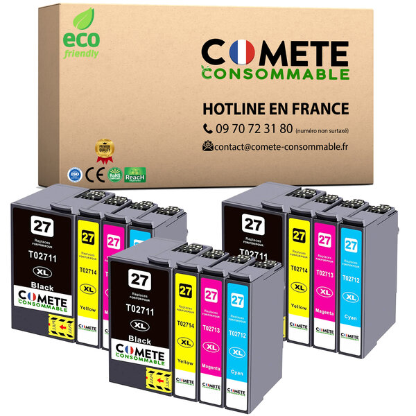 COMETE, Entreprise française - 27XL - 12 Cartouches d'encre Compatibles pour Epson 27 XL (T2711 T2712 T2713 T2714 T2715) pour EPSON Workforce WF3600 WF7600 (3 Noir + 3 Cyan + 3 Magenta + 3 Jaune)