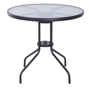 Table ronde bistro de jardin dim. Ø 80 x 72H cm espace installation parasol acier époxy noir plateau verre trempé
