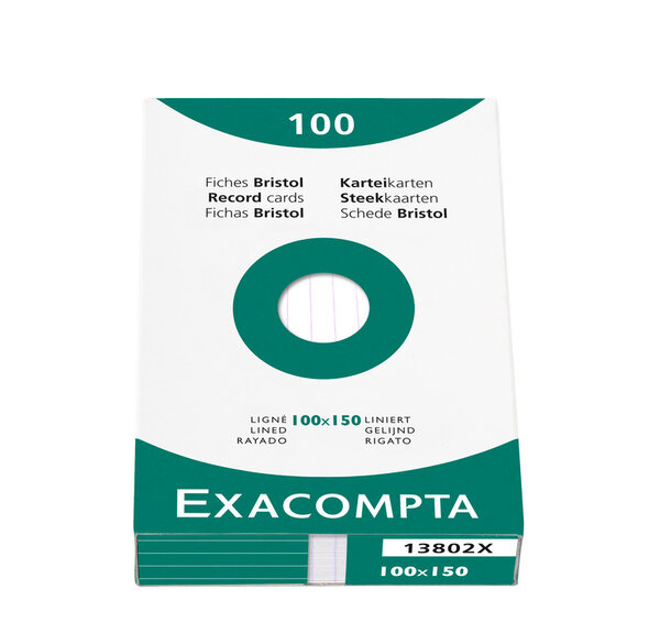 Étui de 100 fiches bristol ligné non perforé 100x150mm Blanc EXACOMPTA