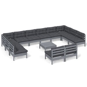 vidaXL Salon de jardin 13 Pièces avec coussins Gris Bois de pin solide