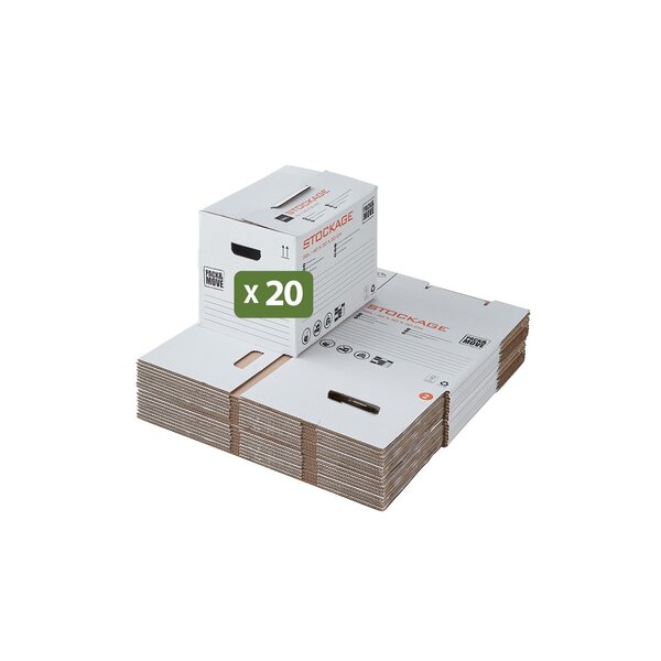 Pack and Move - Lot 20 cartons stockage - 40 x 30 x 30 cm - Poignées renforcées - 1 marqueur offert