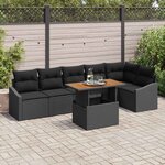 vidaXL Ensemble de jardin 7 pièces avec des coussins en poly rotin noir et acacia.