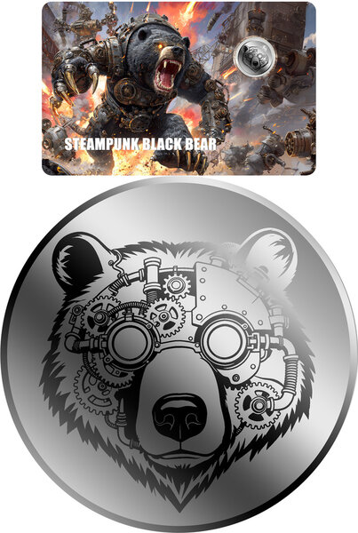 Monnaie STEAMPUNK BLACK BEAR 1/1000 Oz Platine 12$ Liberia 2026 (PRÉCOMMANDE)