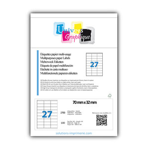 Lot de 100 planches a4 de 27 étiquettes à bords vifs 70 x 32 mm en papier blanc 70g/m² multifonction