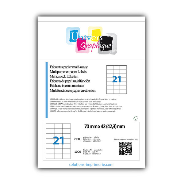 Lot de 1000 planches a4 de 21 étiquettes à bords vifs 70 x 42 3 mm en papier blanc 70g/m² multifonction