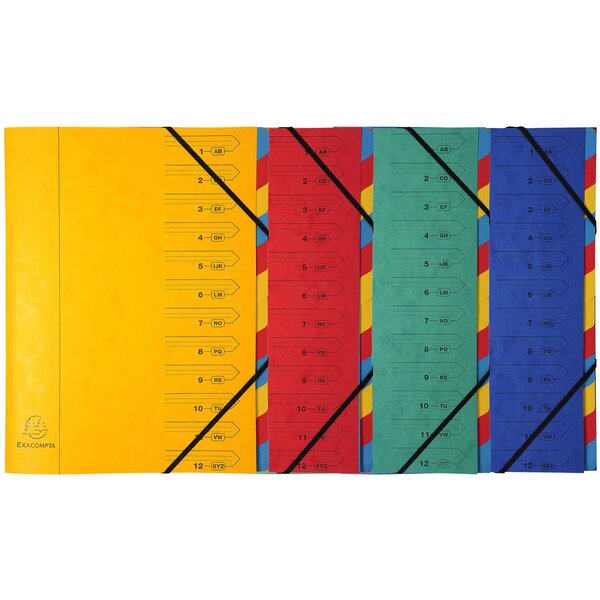 Trieur agrafé avec élastiques 12 compartiments - Couleurs Aléatoires x 8 EXACOMPTA