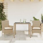 vidaXL Ensemble à manger de jardin et coussins 3 Pièces beige rotin verre