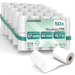 ACROPAQ 50 Rouleaux de Caisse 57x 40x8mm- Thermique 19 7m- Terminaux de paiement- 50 Bobines TPE- Sans BPA- Dimension Universelle