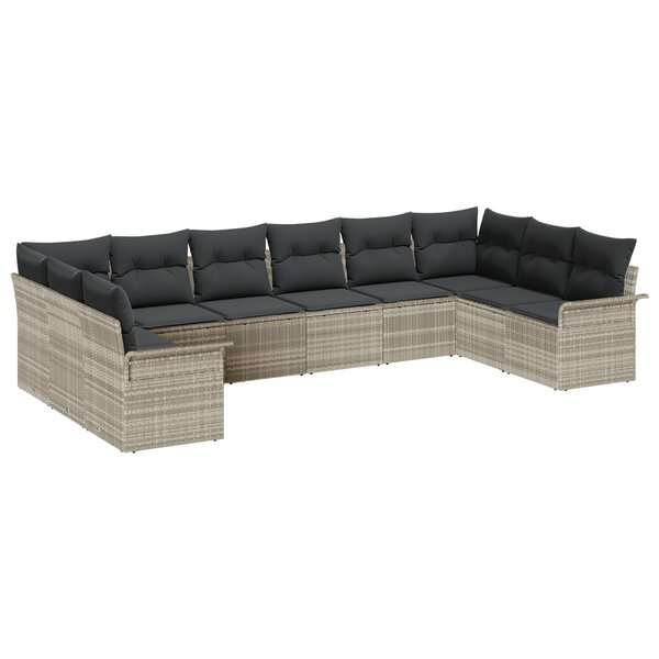 Ensemble de 10 pièces de canapé de jardin avec coussins gris clair poly rotin