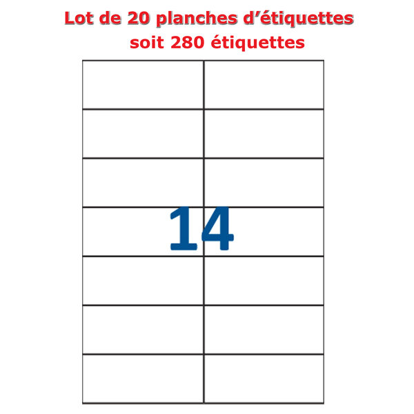 Lot de 20 Planches étiquettes autocollantes sur feuille A4 : 105 x 42 3 mm (14 étiquettes par feuille)