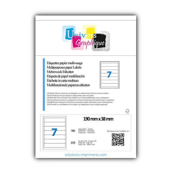 Lot de 100 planches a4 de 7 étiquettes à bords ronds 190 x 38 mm en papier blanc 70g/m² multifonction