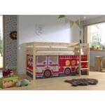 PINO Lit Compact Pin Massif Naturel + Rideau pour lit en 4 parties Pompiers