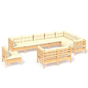 vidaXL Salon de jardin 10 Pièces avec coussins crème bois de pin massif