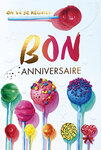 69-3118 Carte Anniversaire Enfant Bonbons Sucettes pour Goûter Gourmand Régale-toi Peinture Aquarelle - Finitions Dorure Or Doré + Gaufrage en Relief +1 Enveloppe Format 12x17cm - Fabriqué en Europe