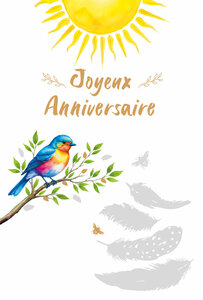 69-3108 Carte Anniversaire pour Fille Femme Oiseau coloré sur sa Branche peint à l'Aquarelle Soleil - Finitions Dorure Or Doré + Gaufrage en Relief +1 Enveloppe Format 12x17cm - Fabriqué en Europe