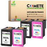 CARTOUCHE 302XL 4pack Compatibles avec HP 2 Noirs + 1 Couleurs COMETE, Entreprise française
