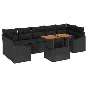 vidaXL Set de jardin de 8 pièces avec coussins en poly rattan noir et acacia