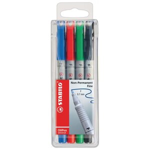OHPen universal Stylo-feutre à encre soluble effaçable, pointe fine 0,7 mm - Pochette de 4 couleurs assorties (paquet 4 unités)