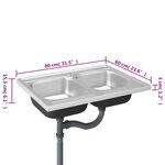 vidaXL Évier de cuisine à double lavabo argenté 800x600x155 mm inox