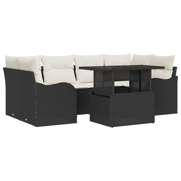 Set de canapé de jardin 7 pièces avec coussins en poly rotin noir