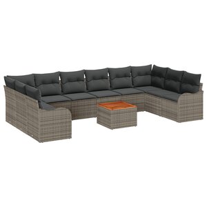 Canapé de jardin 11 pièces avec coussins gris en poly rattan et acacia