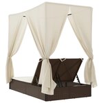 vidaXL Chaise longue double avec toit et rideaux marron résine tressée