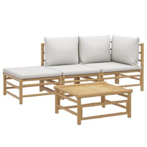 Salon de jardin meuble d'extérieur ensemble de mobilier 4 pièces avec coussins gris clair bambou 02_0016132
