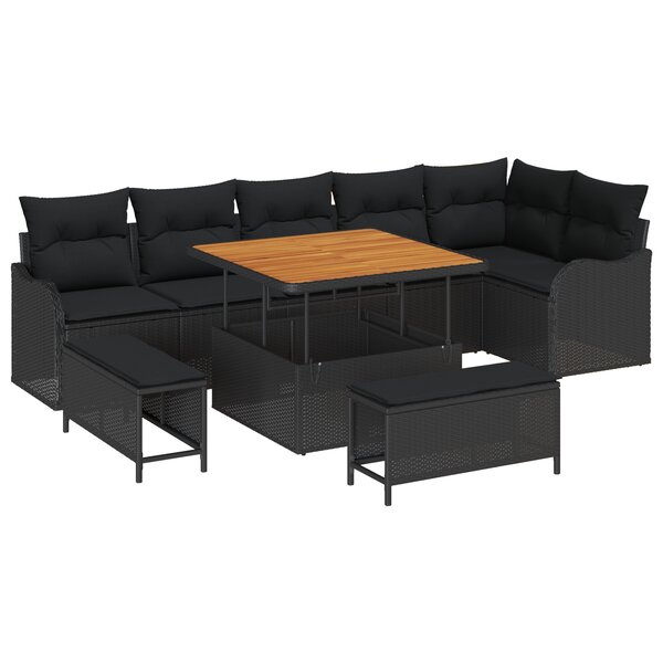 Canapé de jardin 9 pièces avec coussins noir poly rotin