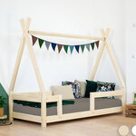 Lit Tipi enfant avec barrière bois massif naturel vernis 120 x 180 cm