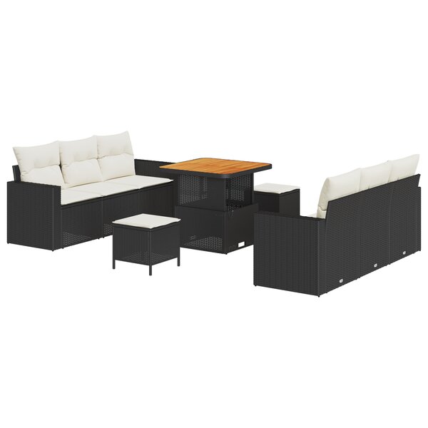 Ensemble de Sofa de Jardin 9 Pièces avec Coussins Noir Poly Rattan Acacia