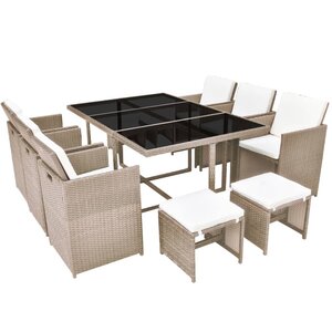 Salon de jardin meuble d'extérieur ensemble de mobilier encastrable avec coussins 11 pièces rotin beige 02_0018332